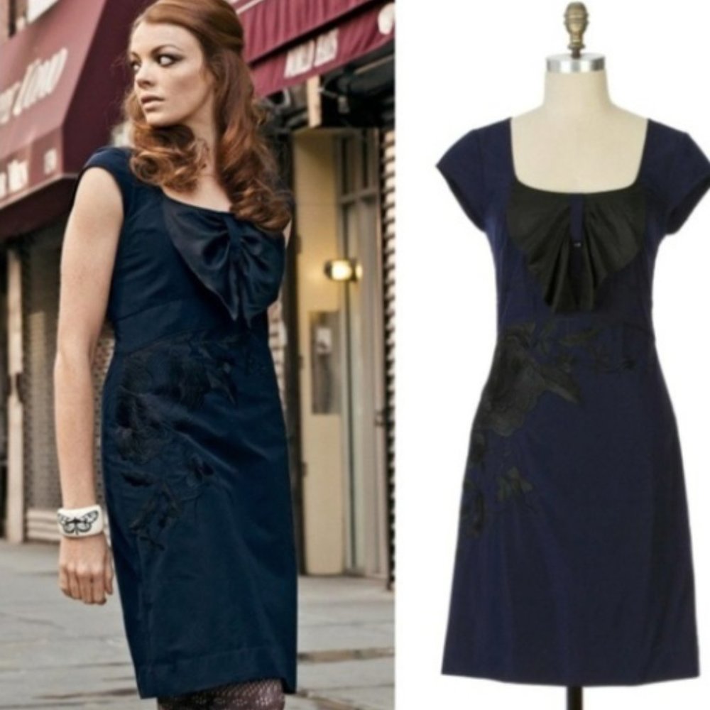 Floreat Anthropologie Sunless Skies Blue Black Floral Embroidered Bow Dress Sz2P